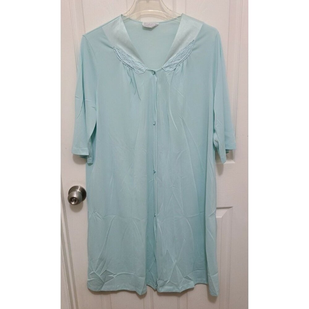 Vtg Vassarette Women's 3/4 Sleeve Button Up Embroidered Neck Nightgown Blue XL